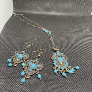 Blue turquoise boho bohemian dangle earrings with matching dangle necklace